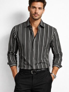 Michael Kors Black,White & Grey  Stripe Dress Shirt,XL.Collared,Button down